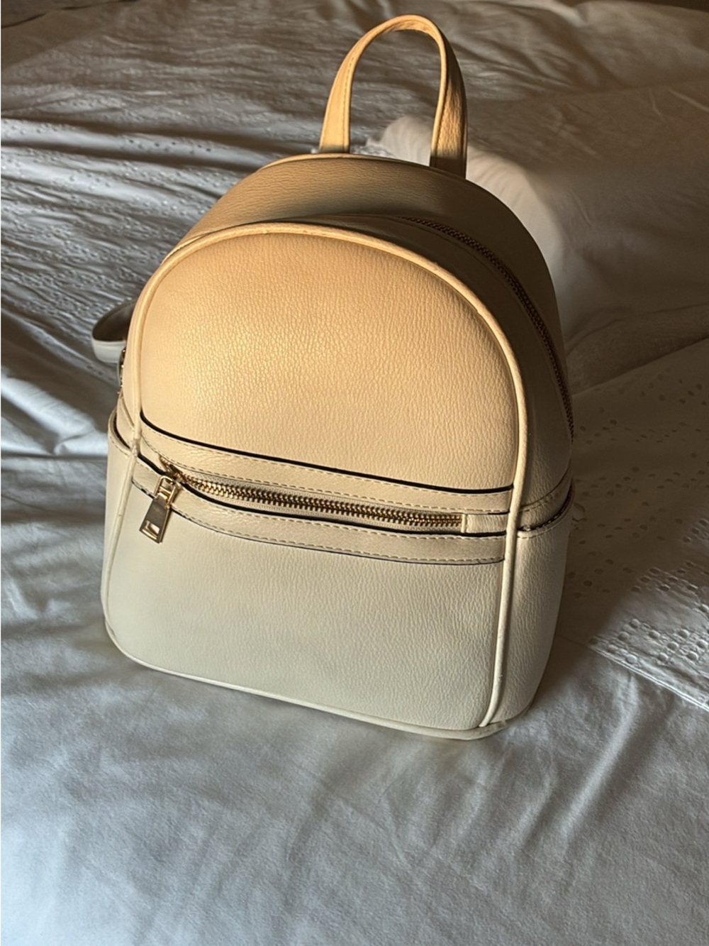 Mini Cream Faux Leather Backpack with Gold-Tone Zipper